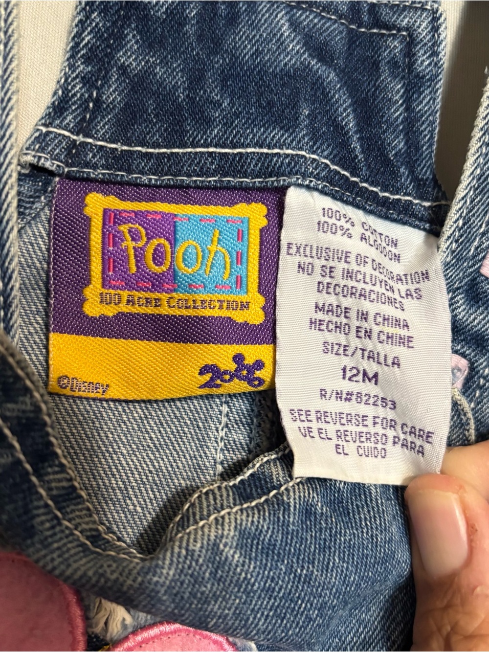 Vtg. Y2K Winnie the Pooh 12M Denim Overall Dress - Pink & Yellow Appliqué - Picture 8 of 9